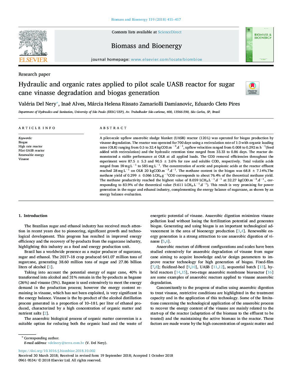 Hydraulic and organic rates applied to pilot scale UASB reactor for sugar cane vinasse degradation and biogas generation