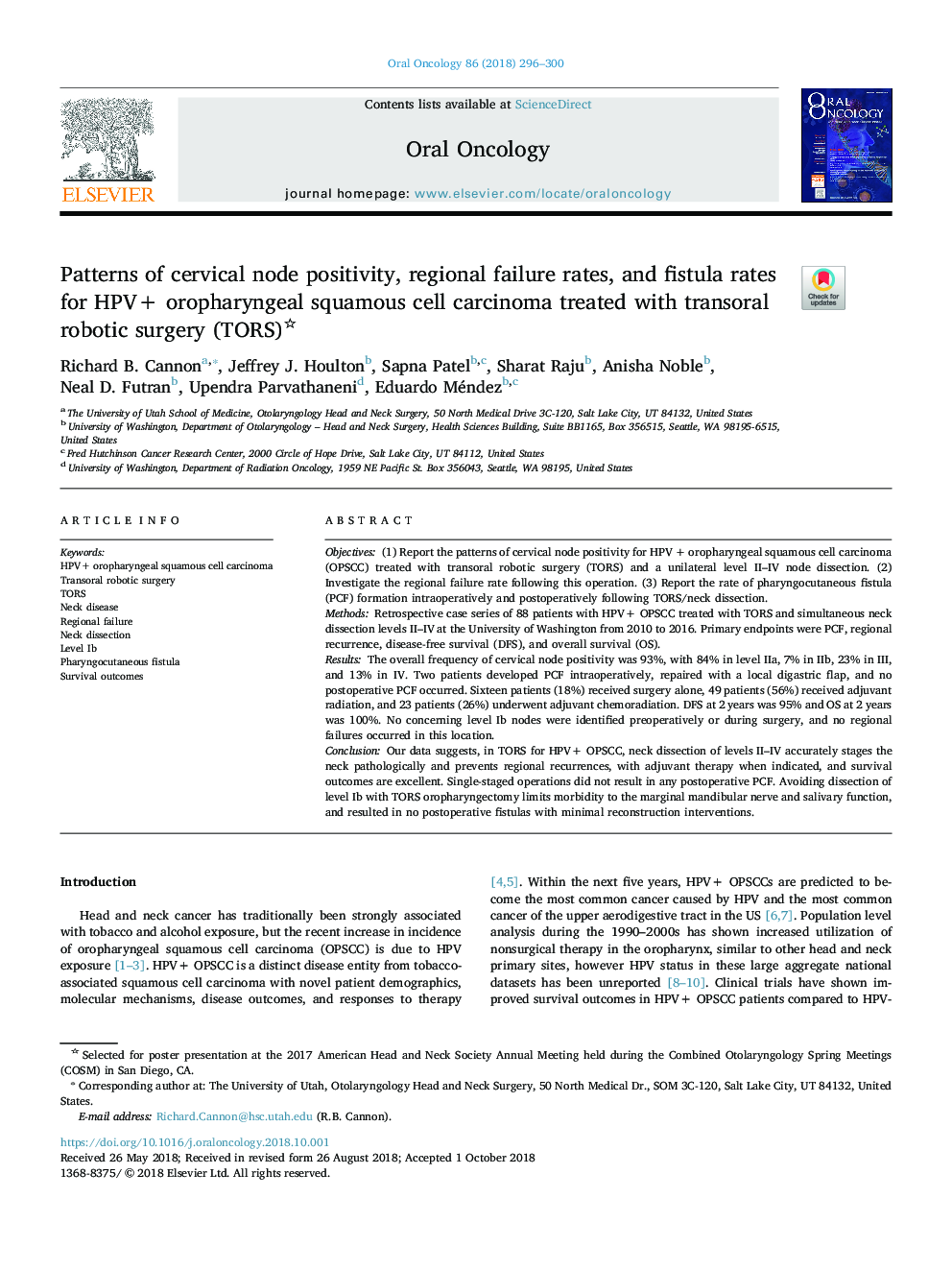 Patterns of cervical node positivity, regional failure rates, and fistula rates for HPV+ oropharyngeal squamous cell carcinoma treated with transoral robotic surgery (TORS)