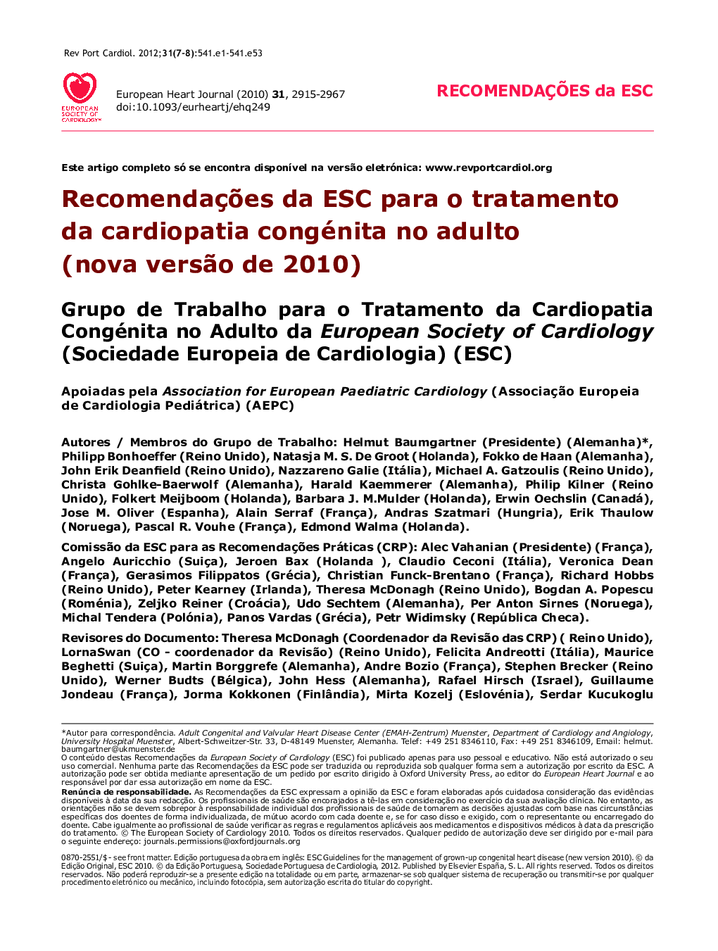 RecomendaçÃµes da ESC para o tratamento da cardiopatia congénita no adulto (nova versÃ£o de 2010)