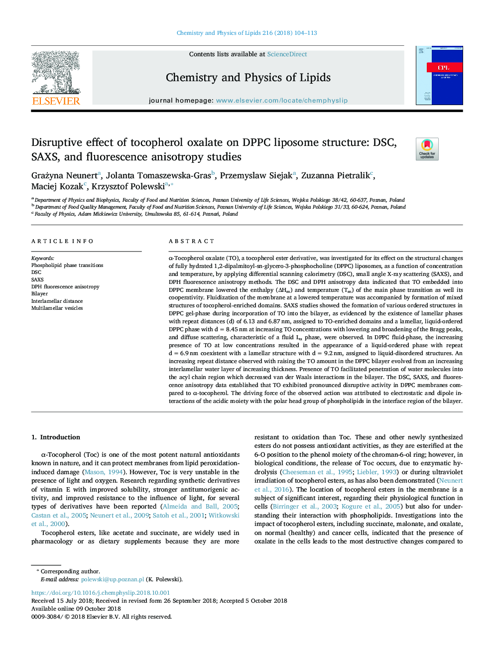 Disruptive effect of tocopherol oxalate on DPPC liposome structure: DSC, SAXS, and fluorescence anisotropy studies