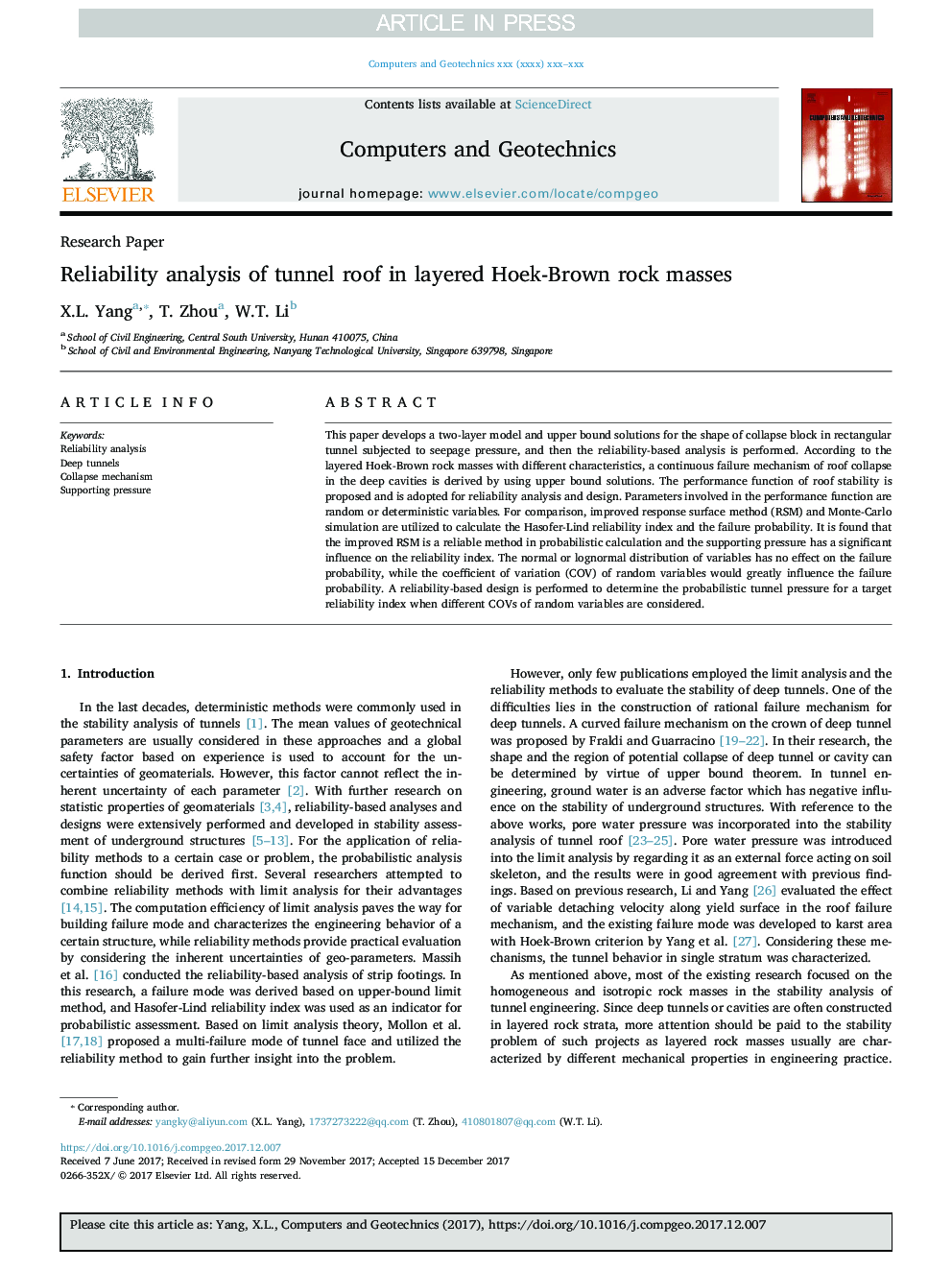 Reliability analysis of tunnel roof in layered Hoek-Brown rock masses