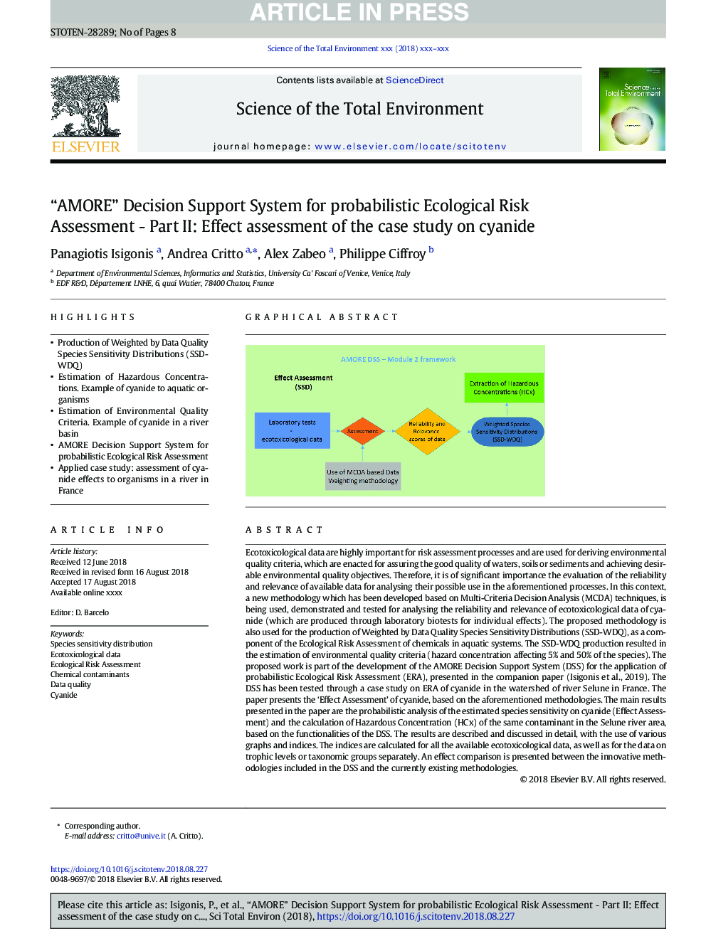 “AMORE” Decision Support System for probabilistic Ecological Risk Assessment - Part II: Effect assessment of the case study on cyanide