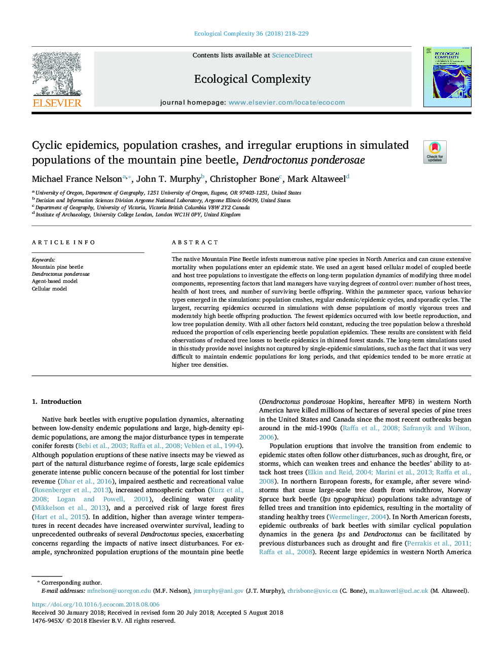 Cyclic epidemics, population crashes, and irregular eruptions in simulated populations of the mountain pine beetle, Dendroctonus ponderosae