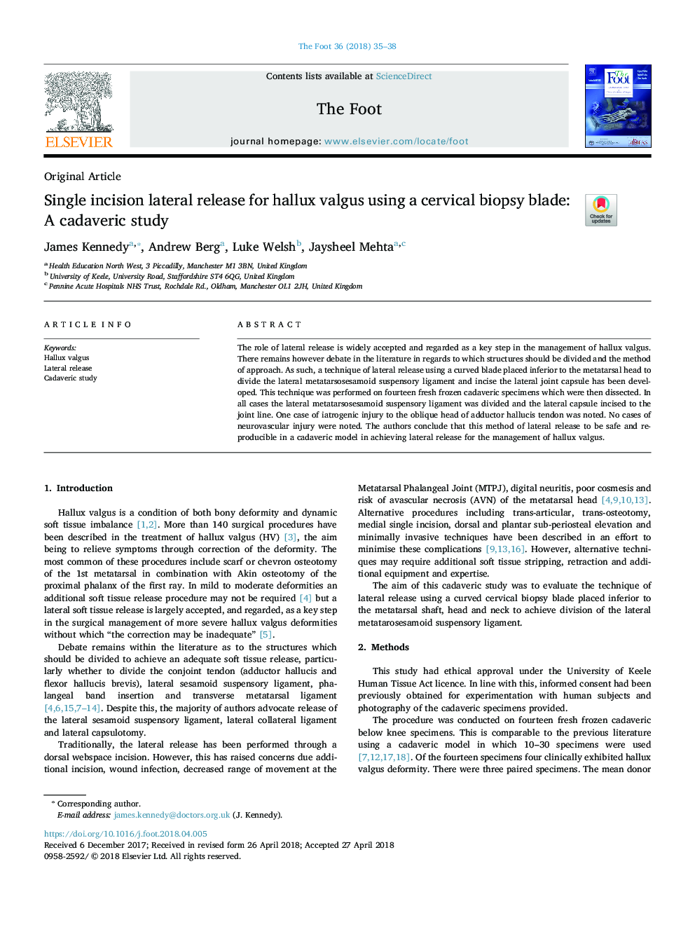 Single incision lateral release for hallux valgus using a cervical biopsy blade: A cadaveric study