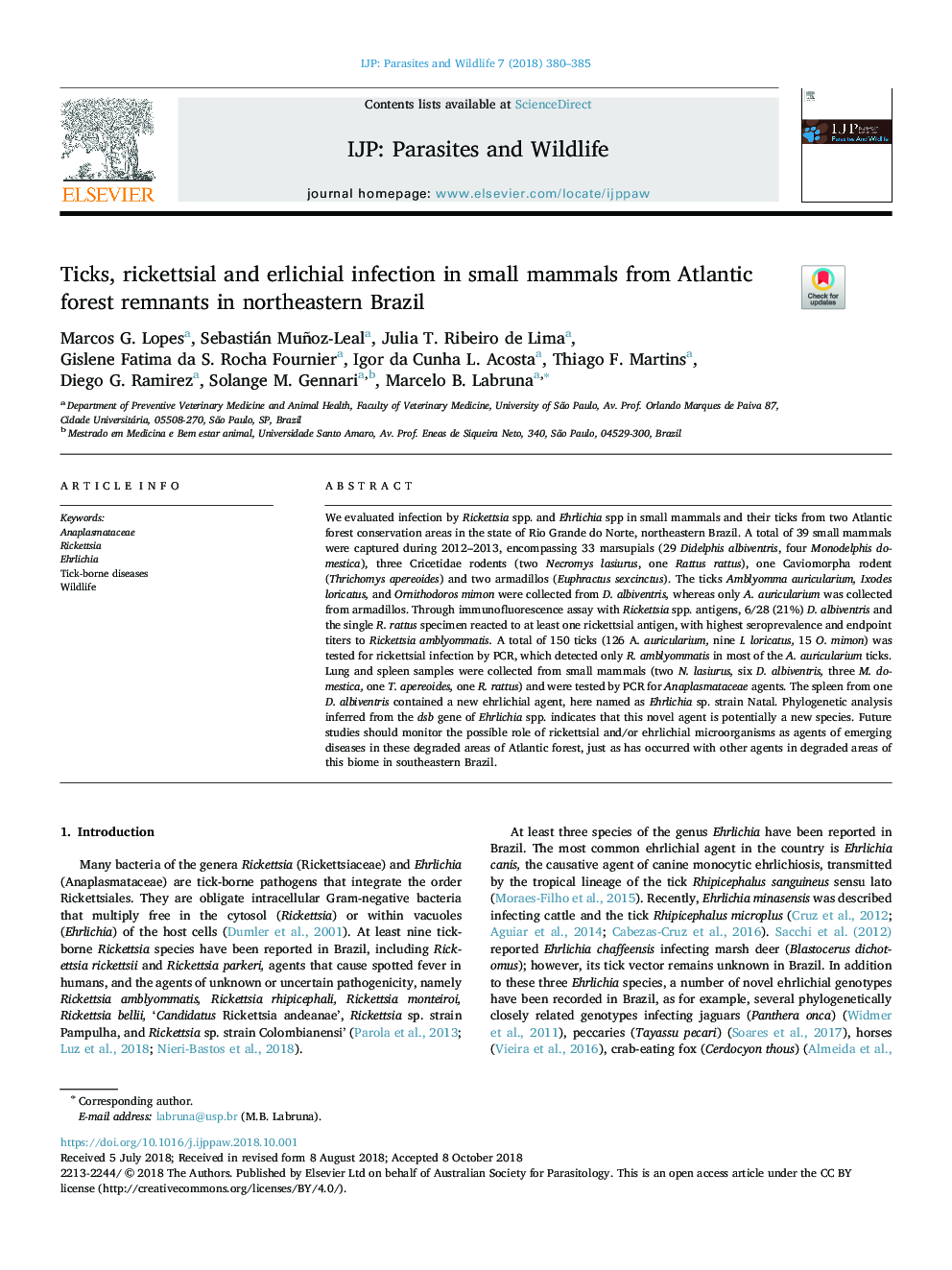 Ticks, rickettsial and erlichial infection in small mammals from Atlantic forest remnants in northeastern Brazil