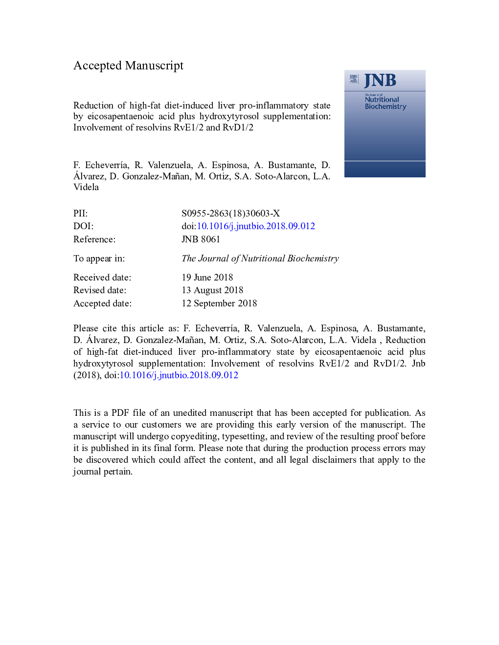 Reduction of high-fat diet-induced liver proinflammatory state by eicosapentaenoic acid plus hydroxytyrosol supplementation: involvement of resolvins RvE1/2 and RvD1/2