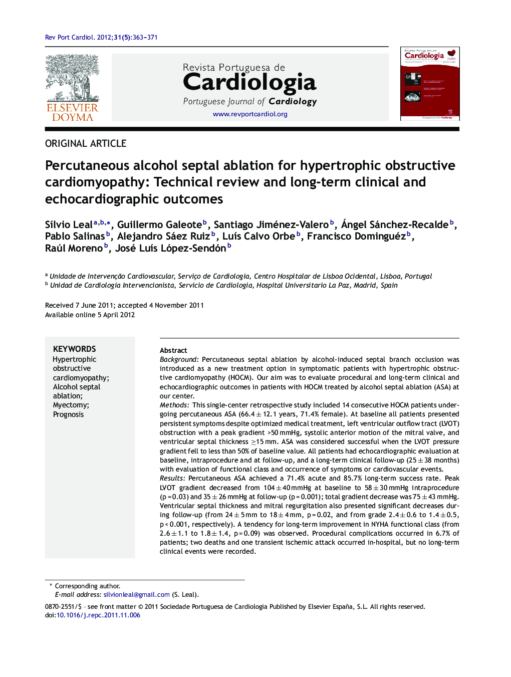 Percutaneous alcohol septal ablation for hypertrophic obstructive cardiomyopathy: Technical review and long-term clinical and echocardiographic outcomes