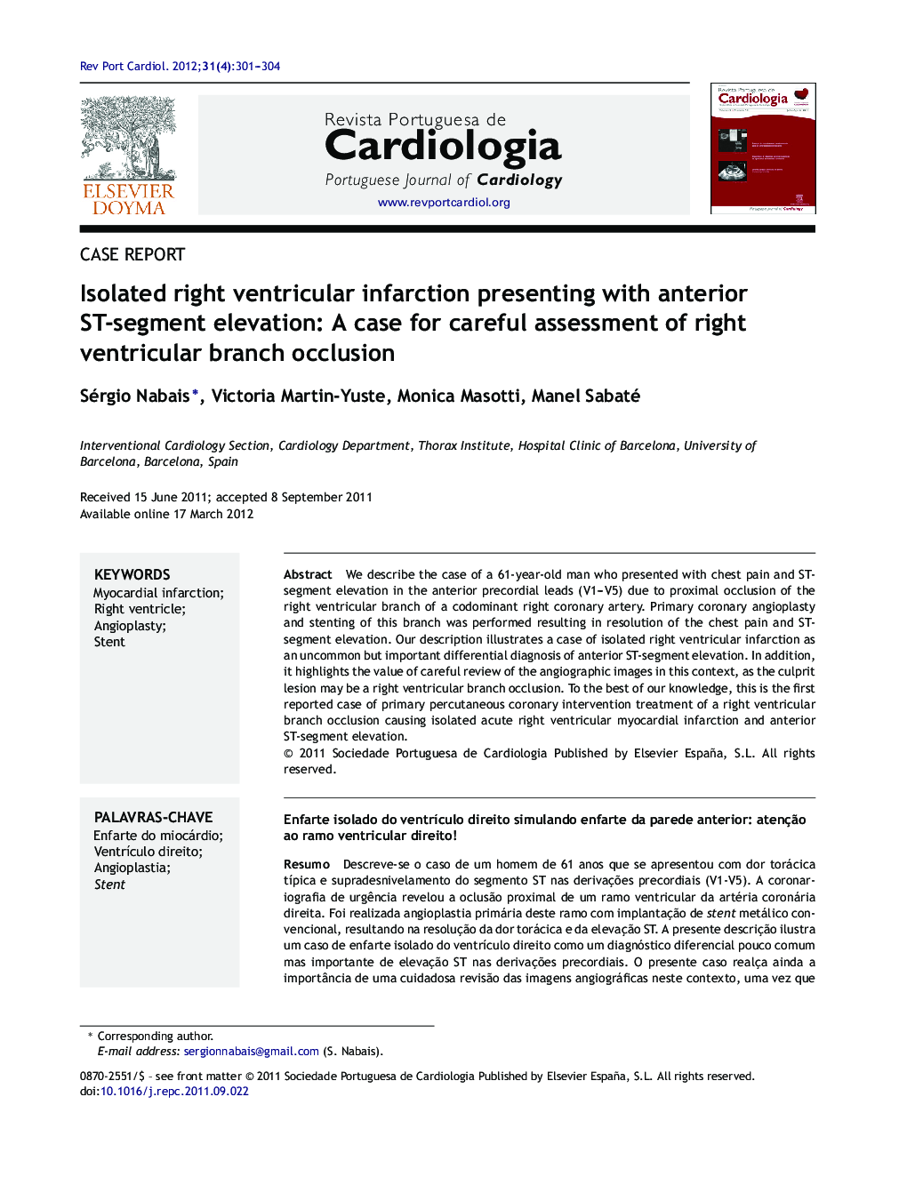 Isolated right ventricular infarction presenting with anterior ST-segment elevation: A case for careful assessment of right ventricular branch occlusion