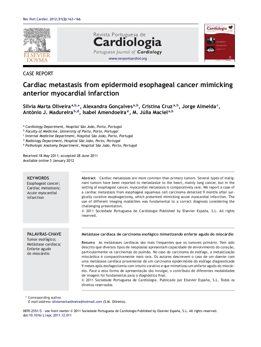 Cardiac metastasis from epidermoid esophageal cancer mimicking anterior myocardial infarction