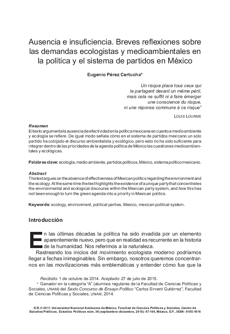 عکس صفحه اول مقاله: Ausencia e insuficiencia. Breves reflexiones sobre las demandas ecologistas y medioambientales en la política y el sistema de partidos en México Ausencia e insuficiencia. Breves reflexiones sobre las demandas ecologistas y medioambientales en la política y el sistema de partidos en México