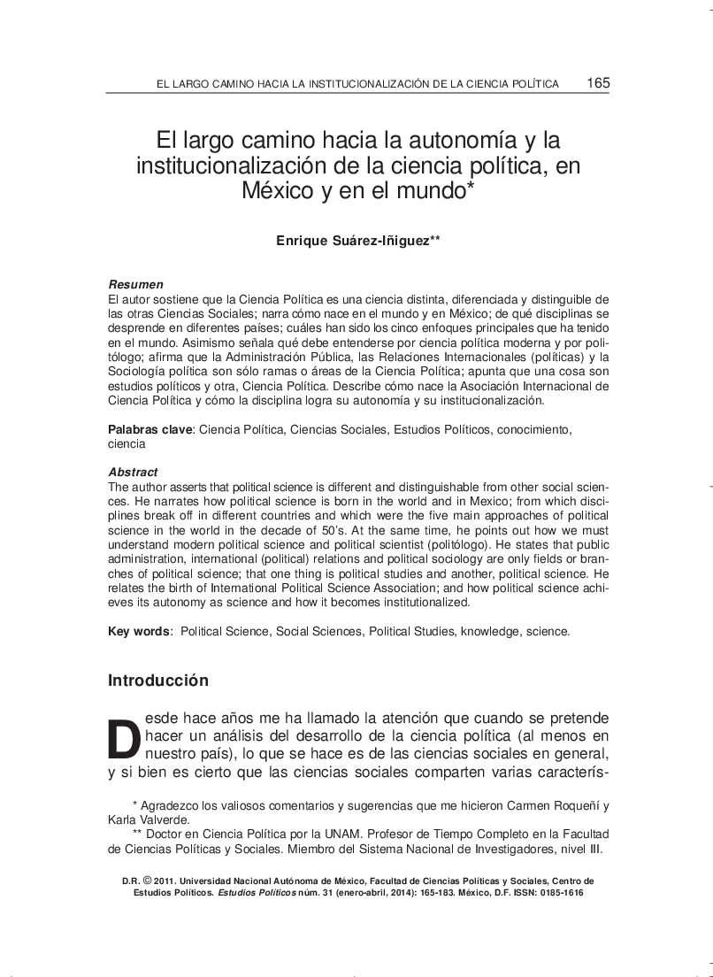 El largo camino hacia la autonomía y la institucionalización de la ciencia política, en México y en el mundo*