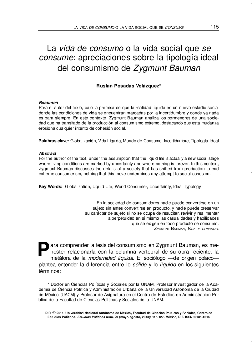 La vida de consumo o la vida social que se consume: apreciaciones sobre la tipología ideal del consumismo de Zygmunt Bauman