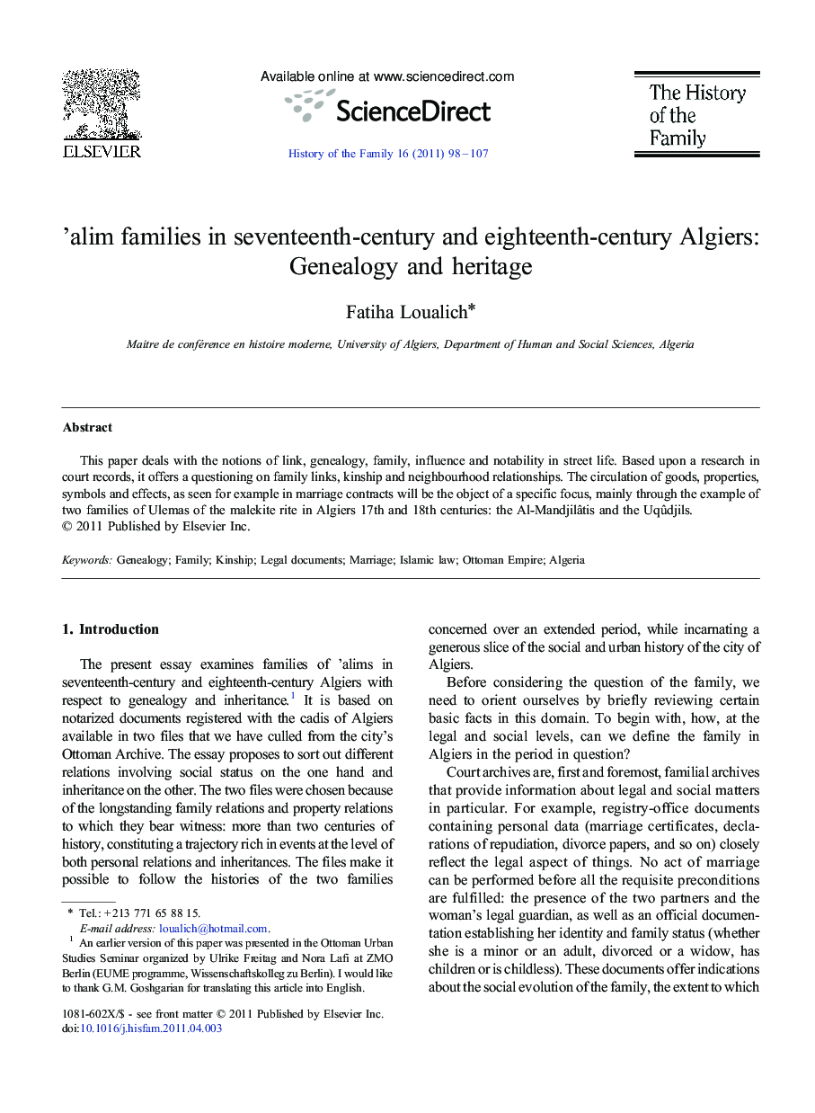 'alim families in seventeenth-century and eighteenth-century Algiers: Genealogy and heritage