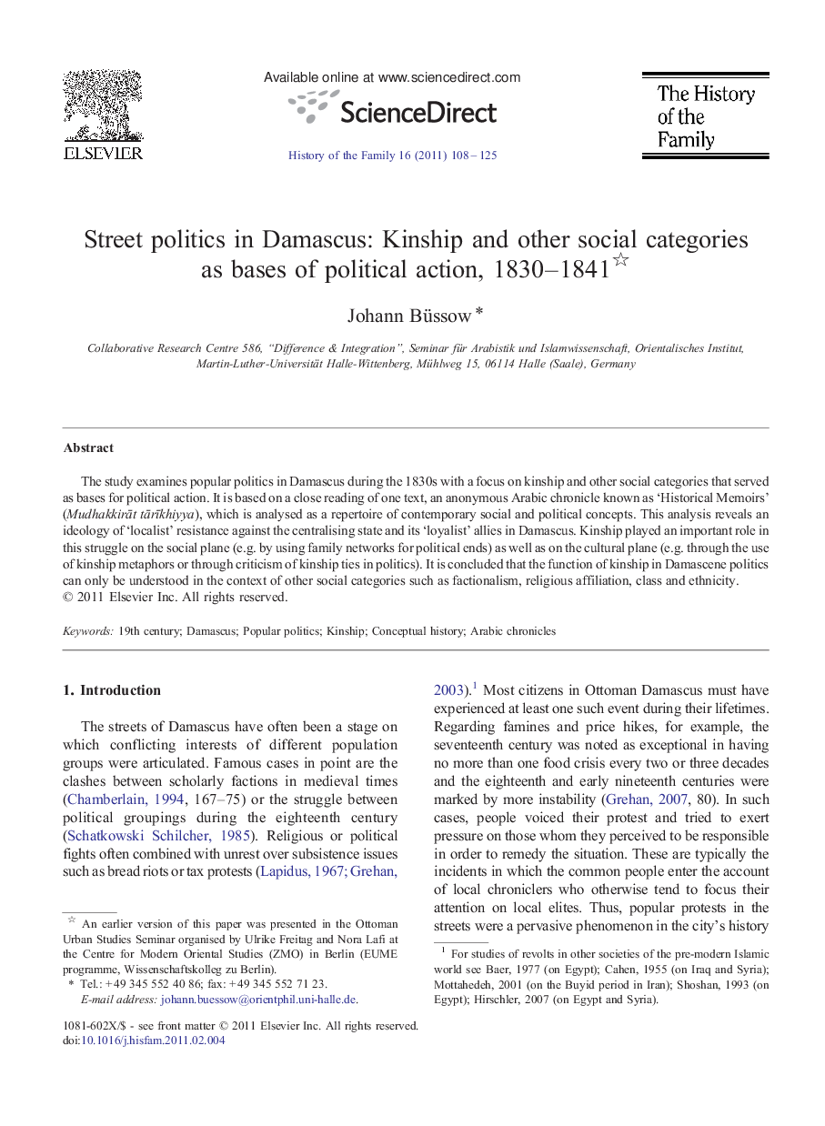 Street politics in Damascus: Kinship and other social categories as bases of political action, 1830-1841