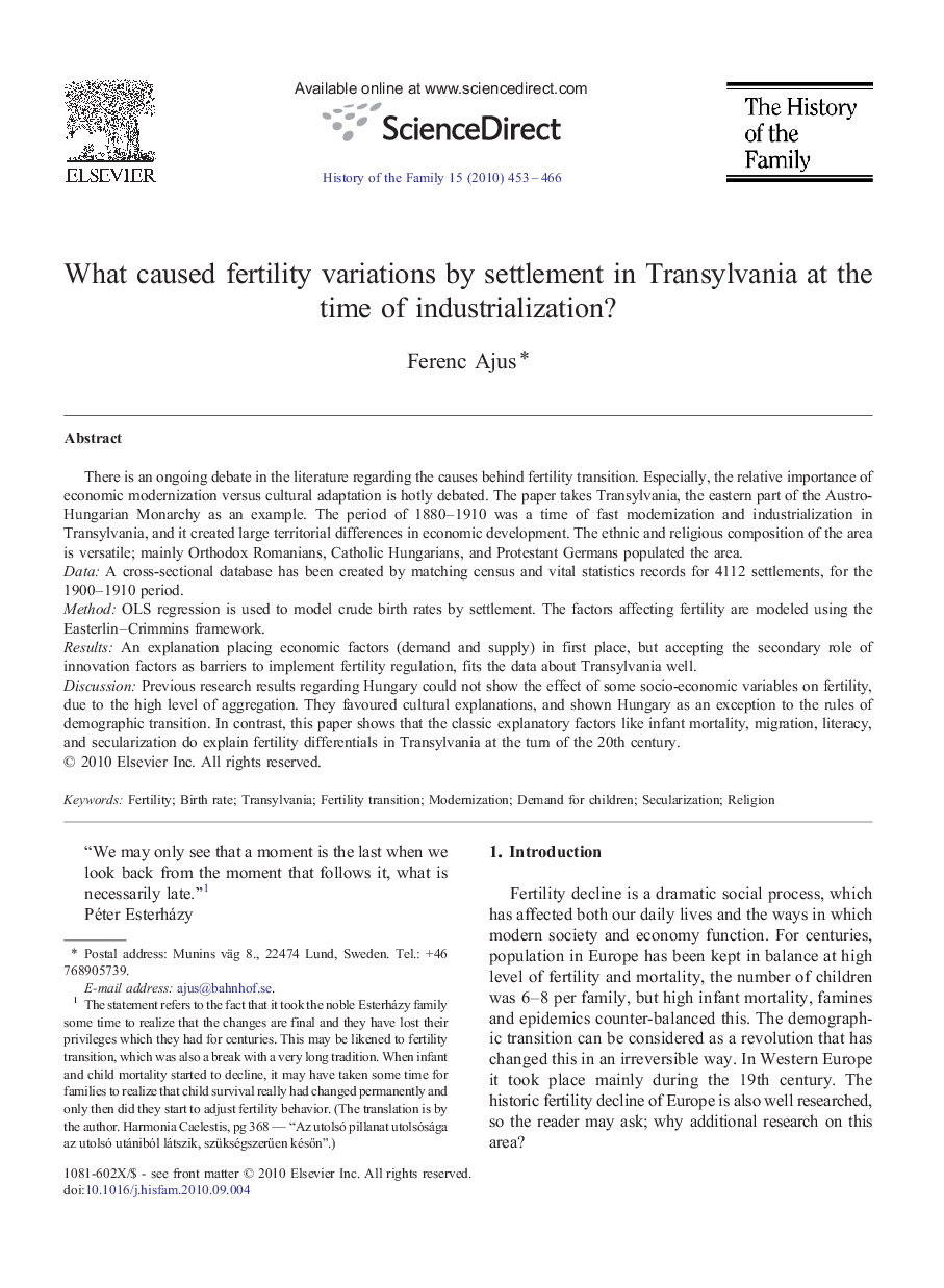 What caused fertility variations by settlement in Transylvania at the time of industrialization?