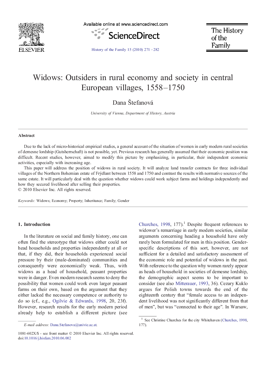 Widows: Outsiders in rural economy and society in central European villages, 1558-1750