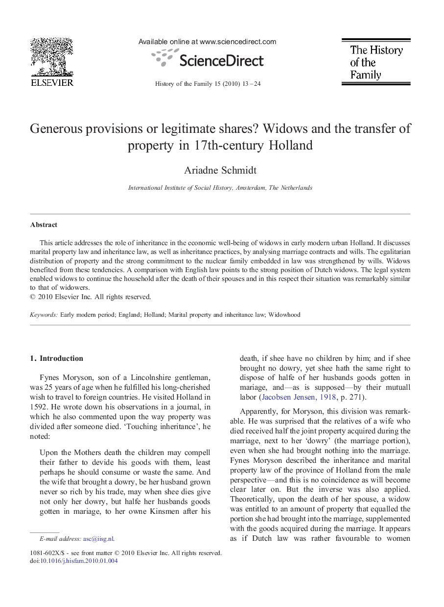 Generous provisions or legitimate shares? Widows and the transfer of property in 17th-century Holland