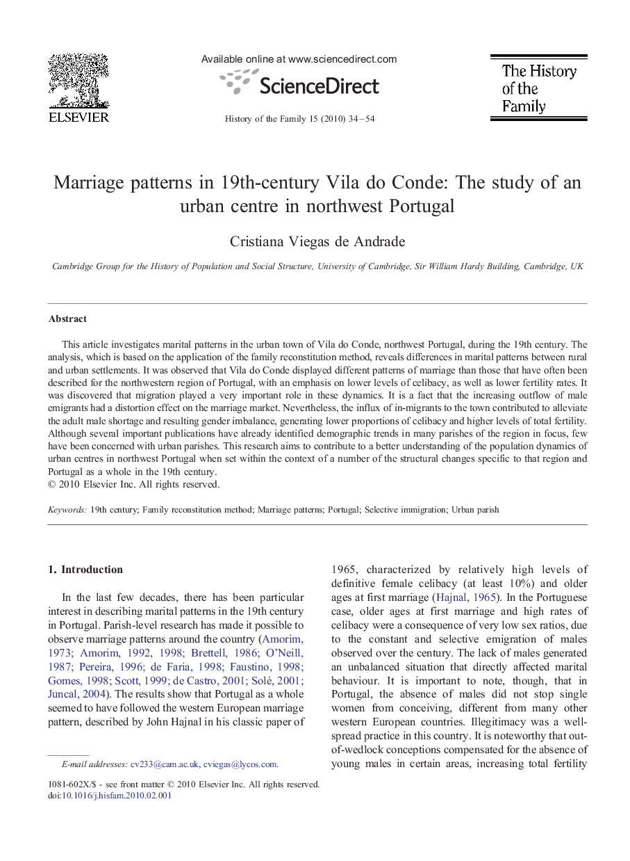 Marriage patterns in 19th-century Vila do Conde: The study of an urban centre in northwest Portugal