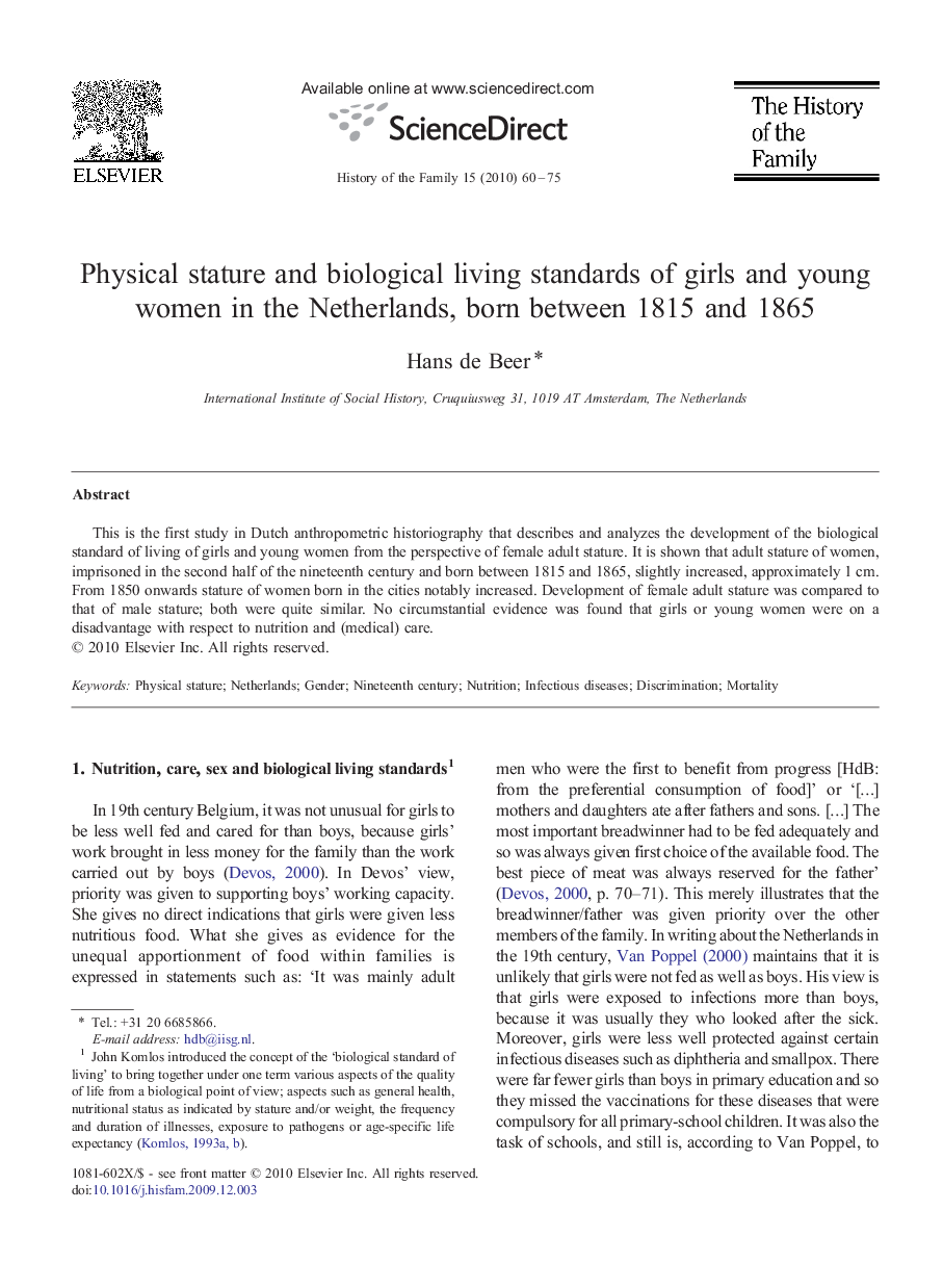 Physical stature and biological living standards of girls and young women in the Netherlands, born between 1815 and 1865