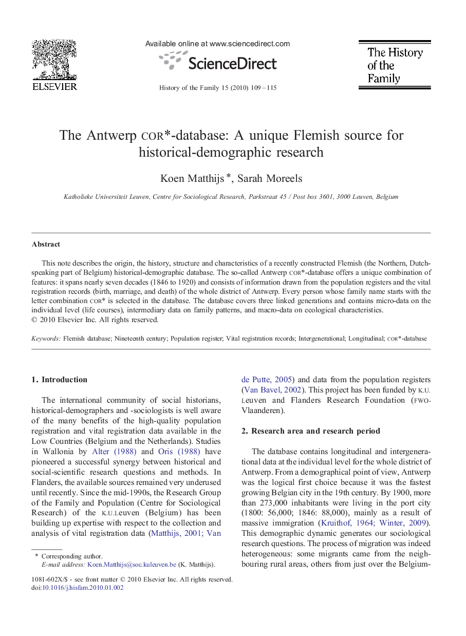 The Antwerp cor*-database: A unique Flemish source for historical-demographic research