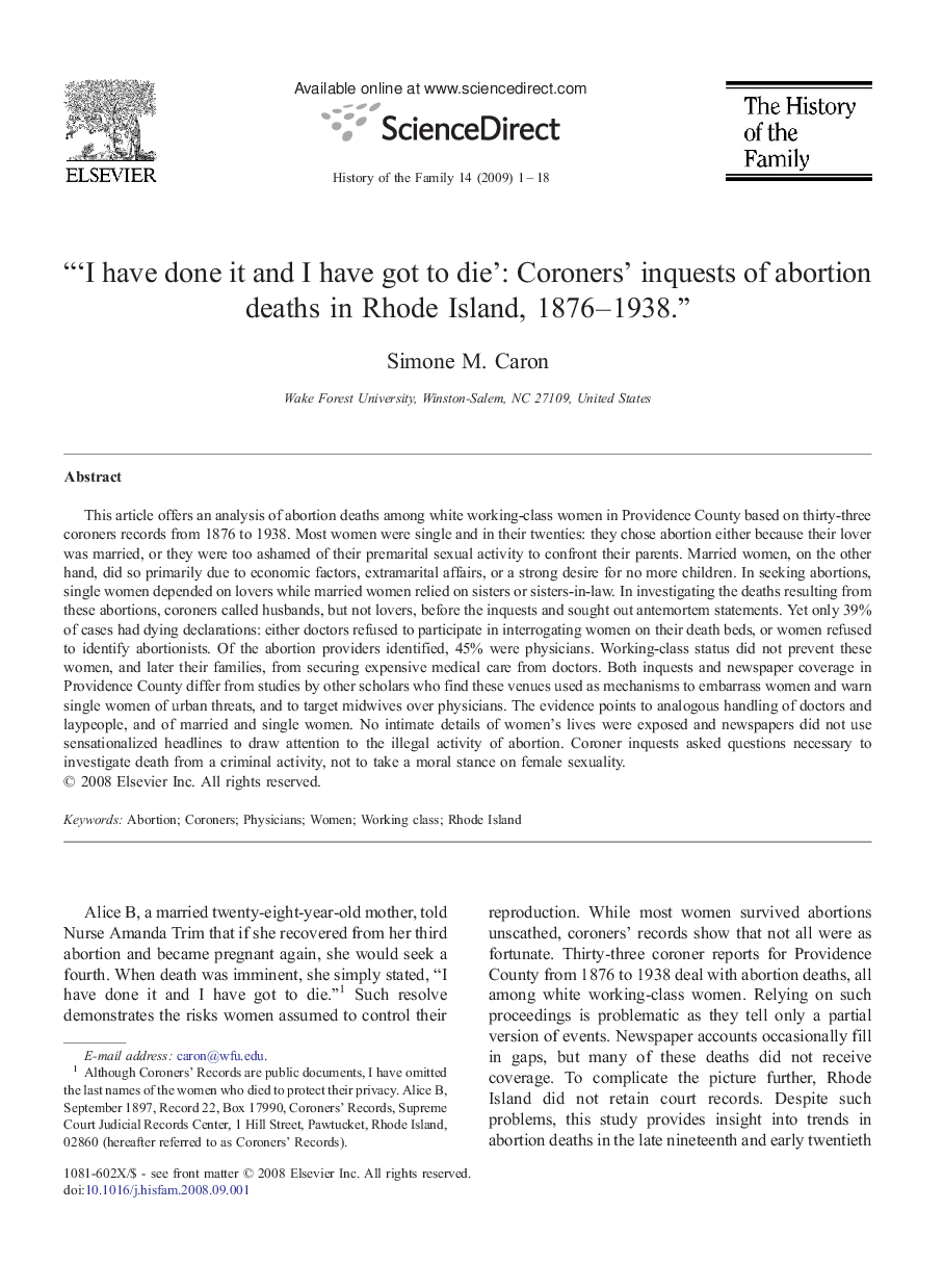 “'I have done it and I have got to die': Coroners' inquests of abortion deaths in Rhode Island, 1876-1938.”