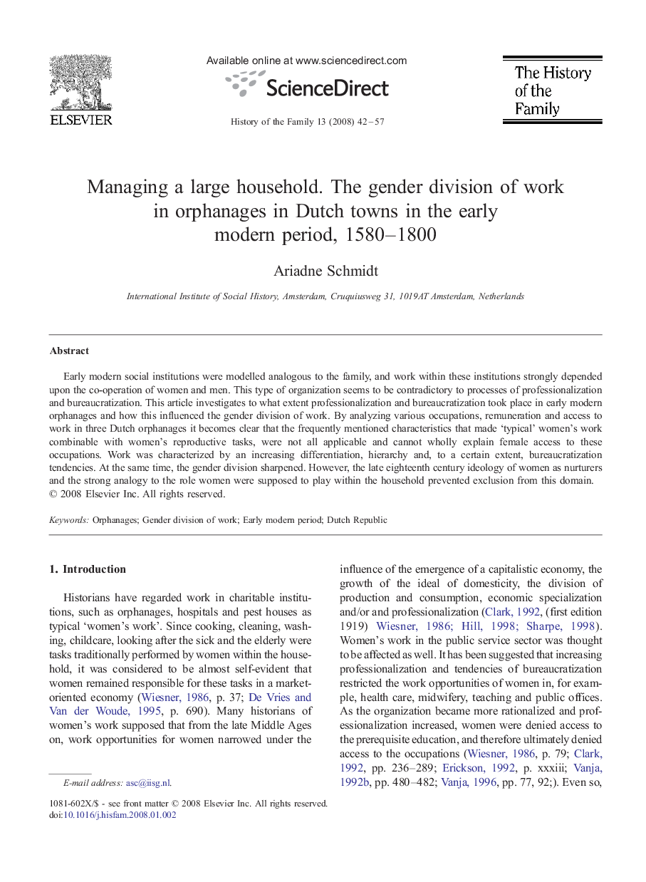 Managing a large household. The gender division of work in orphanages in Dutch towns in the early modern period, 1580-1800