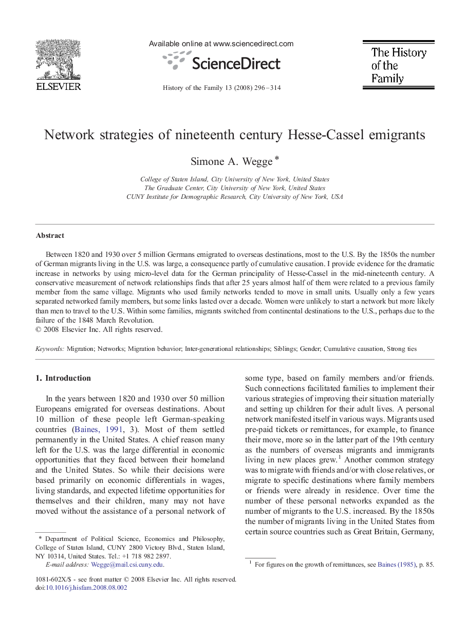 Network strategies of nineteenth century Hesse-Cassel emigrants