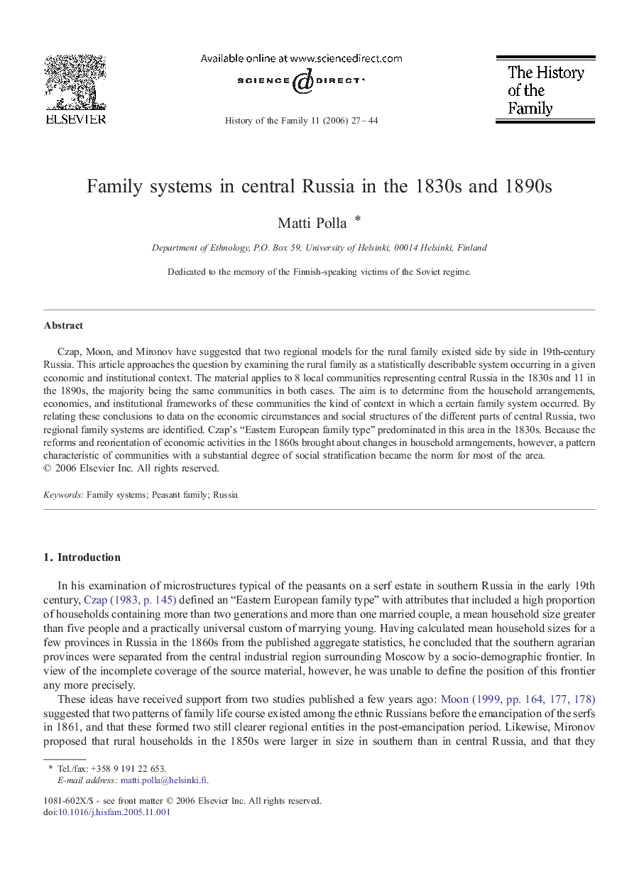 Family systems in central Russia in the 1830s and 1890s