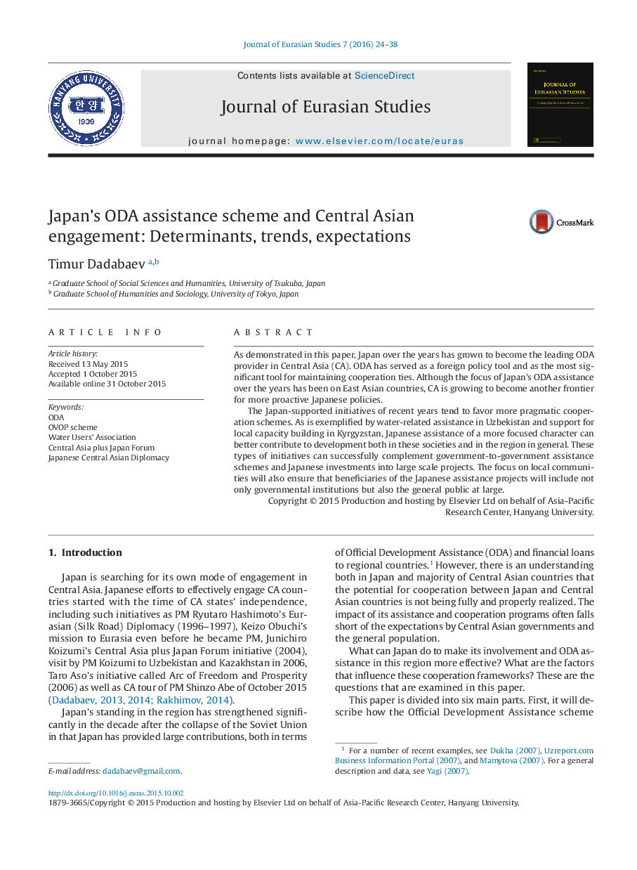 Japan's ODA assistance scheme and Central Asian engagement: Determinants, trends, expectations