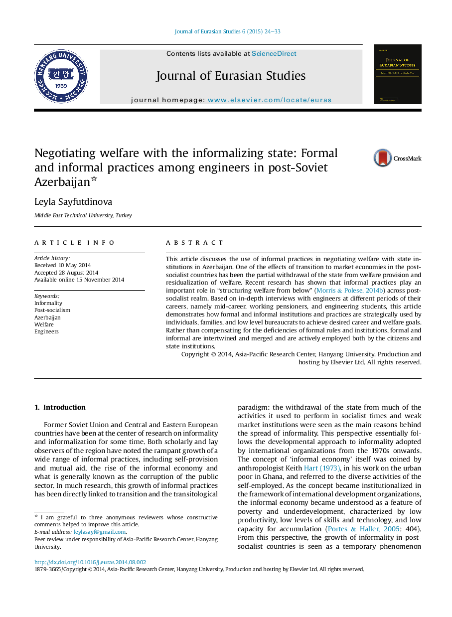 Negotiating welfare with the informalizing state: Formal and informal practices among engineers in post-Soviet Azerbaijan 