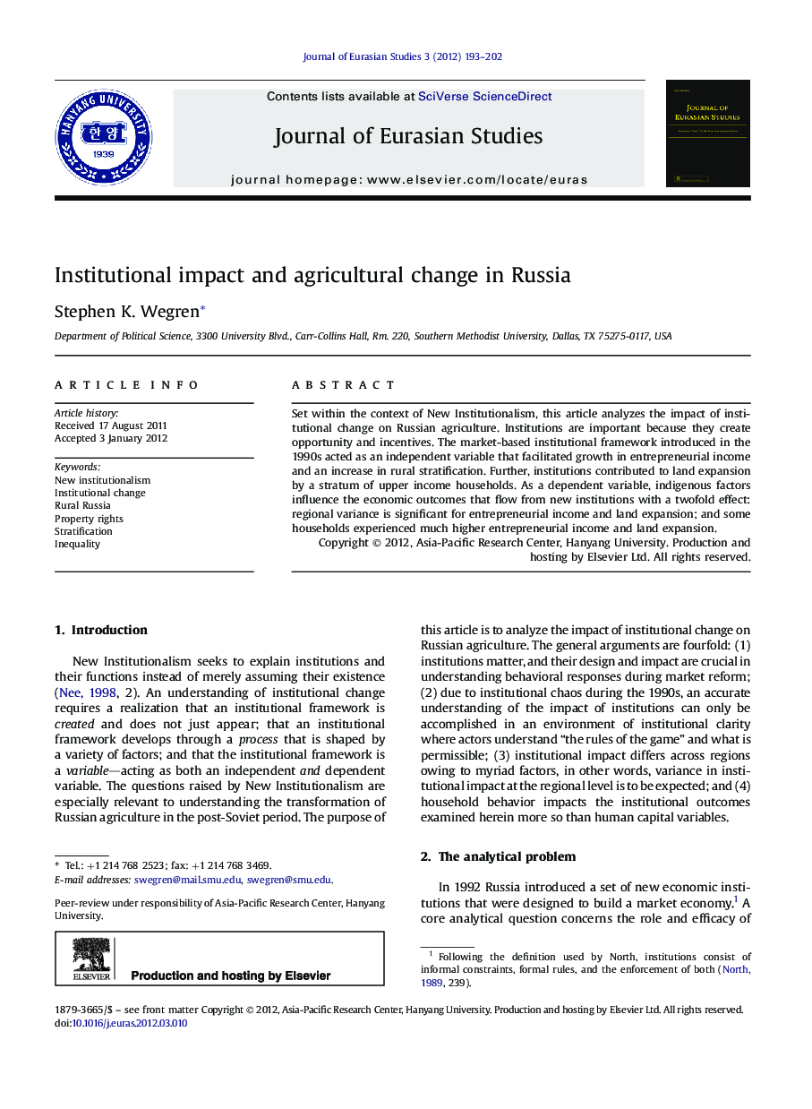 Institutional impact and agricultural change in Russia 
