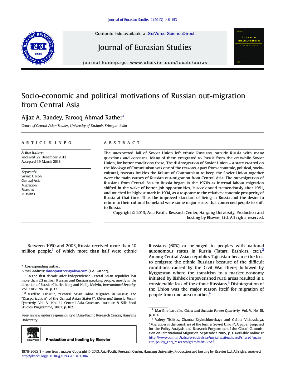 Socio-economic and political motivations of Russian out-migration from Central Asia 