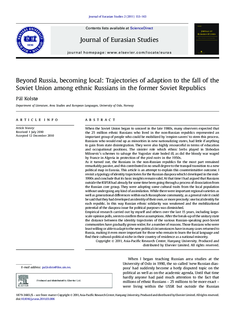 Beyond Russia, becoming local: Trajectories of adaption to the fall of the Soviet Union among ethnic Russians in the former Soviet Republics