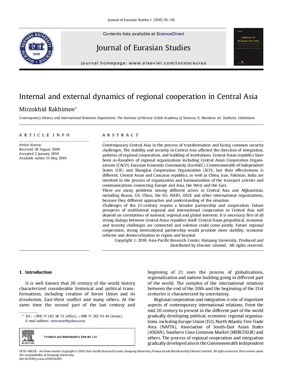 Internal and external dynamics of regional cooperation in Central Asia