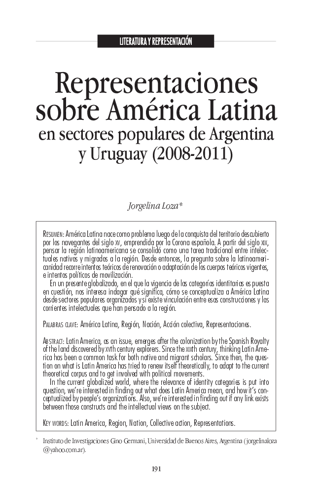 Representaciones sobre América Latina en sectores populares de Argentina y Uruguay (2008-2011)