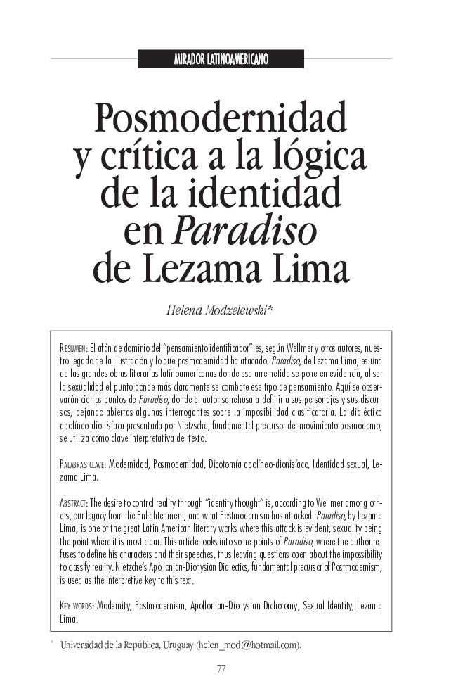 Posmodernidad y crítica a la lógica de la identidad en Paradiso de Lezama Lima