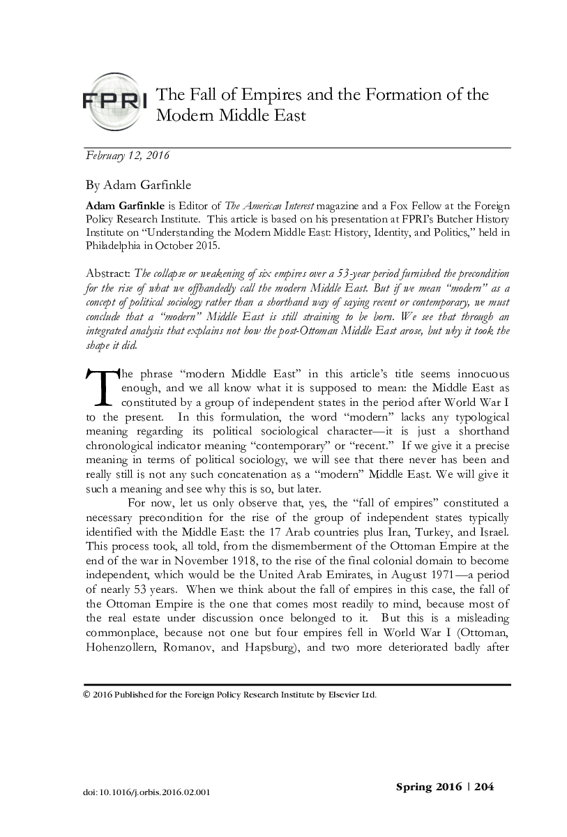 The Fall of Empires and the Formation of the Modern Middle East
