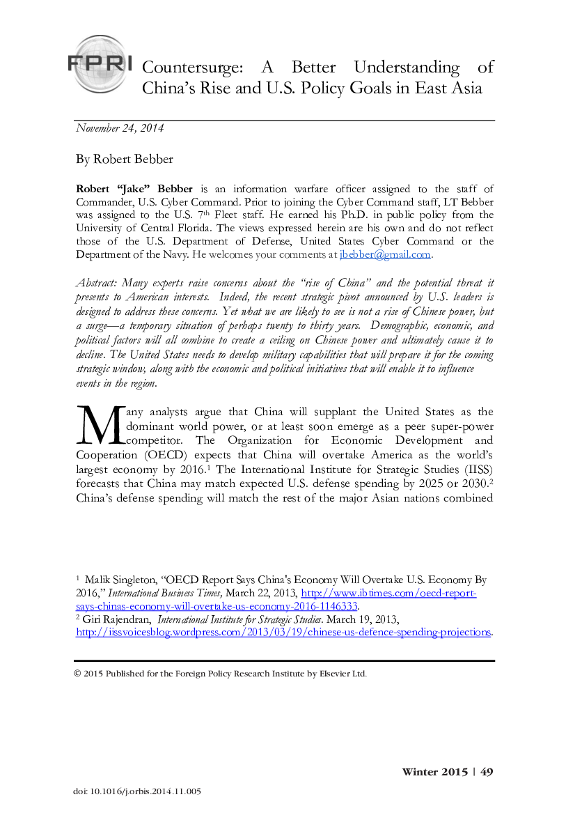 Countersurge: A Better Understanding of China's Rise and U.S. Policy Goals in East Asia