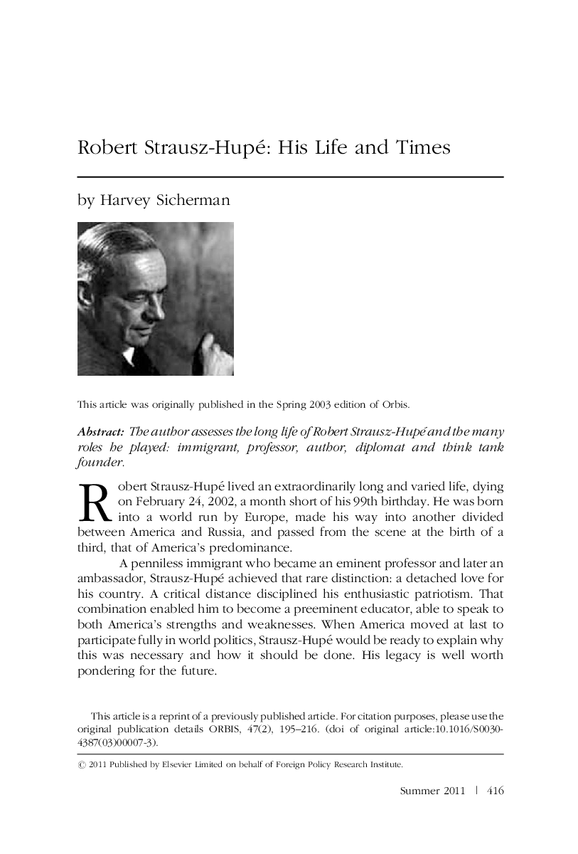 Robert Strausz-Hupé: His Life and Times