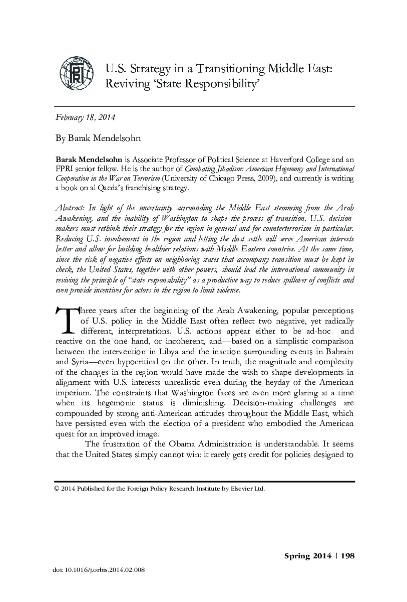 U.S. Strategy in a Transitioning Middle East: Reviving ‘State Responsibility’