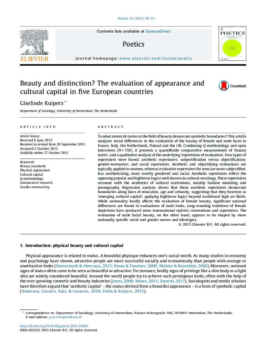 Beauty and distinction? The evaluation of appearance and cultural capital in five European countries