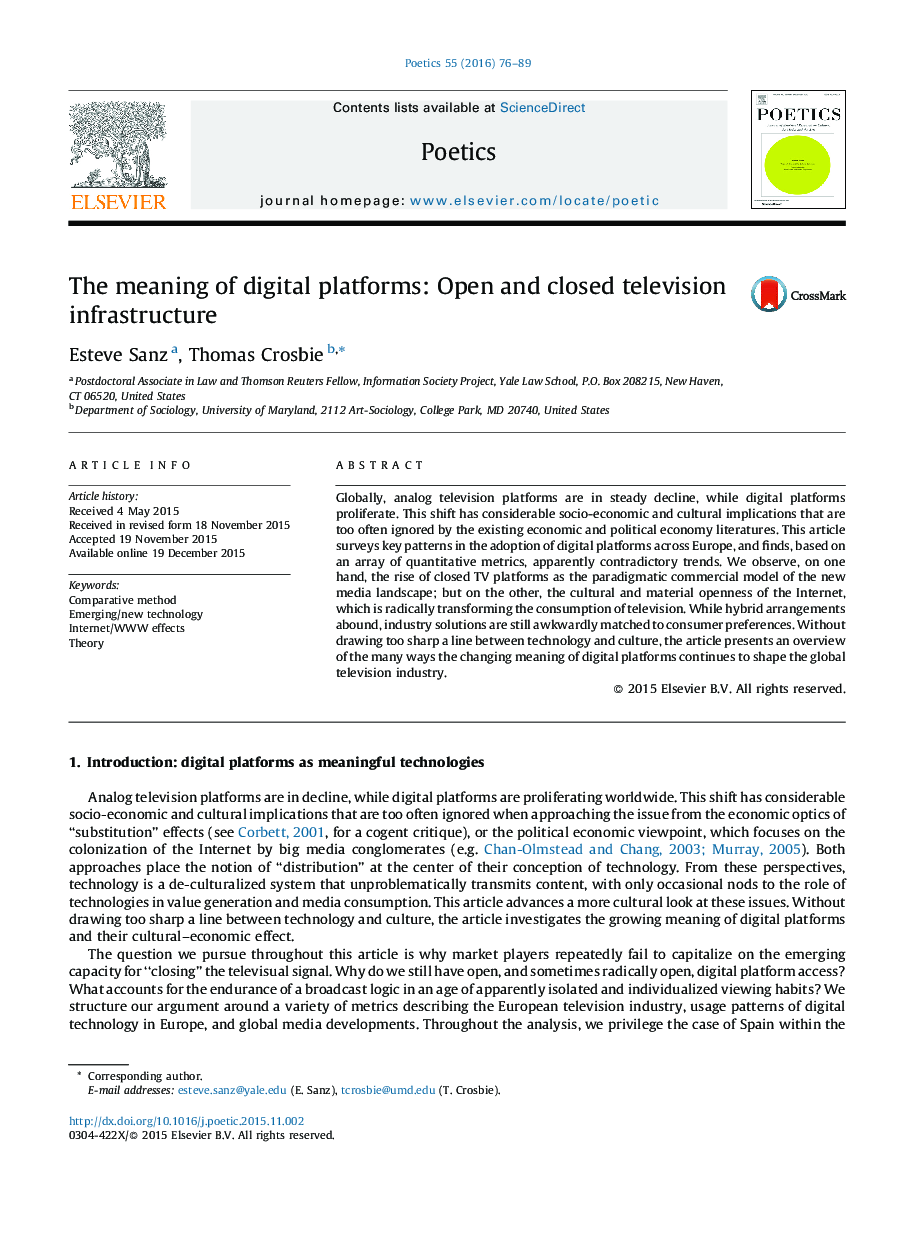 The meaning of digital platforms: Open and closed television infrastructure