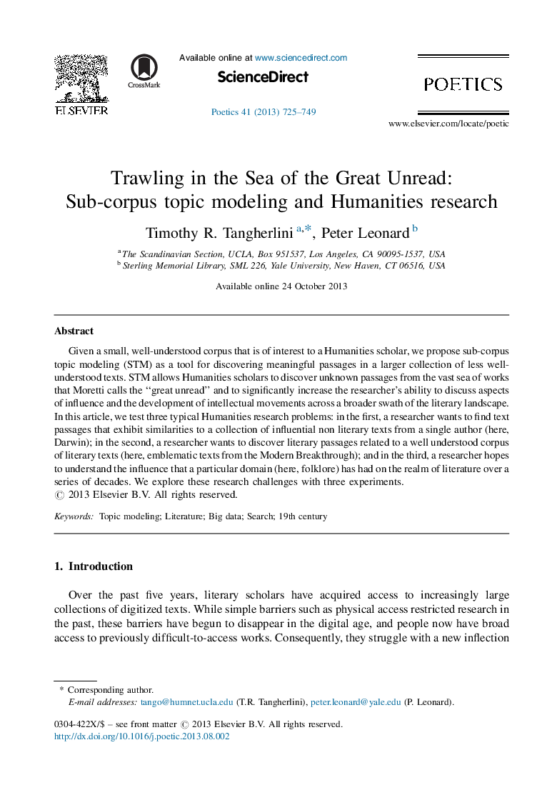 Trawling in the Sea of the Great Unread: Sub-corpus topic modeling and Humanities research