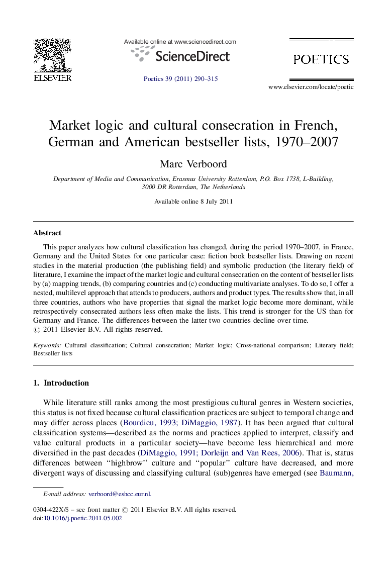 Market logic and cultural consecration in French, German and American bestseller lists, 1970–2007
