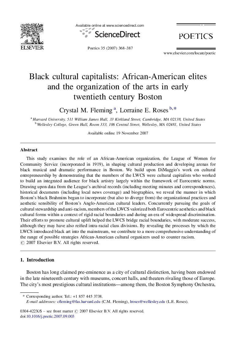 Black cultural capitalists: African-American elites and the organization of the arts in early twentieth century Boston