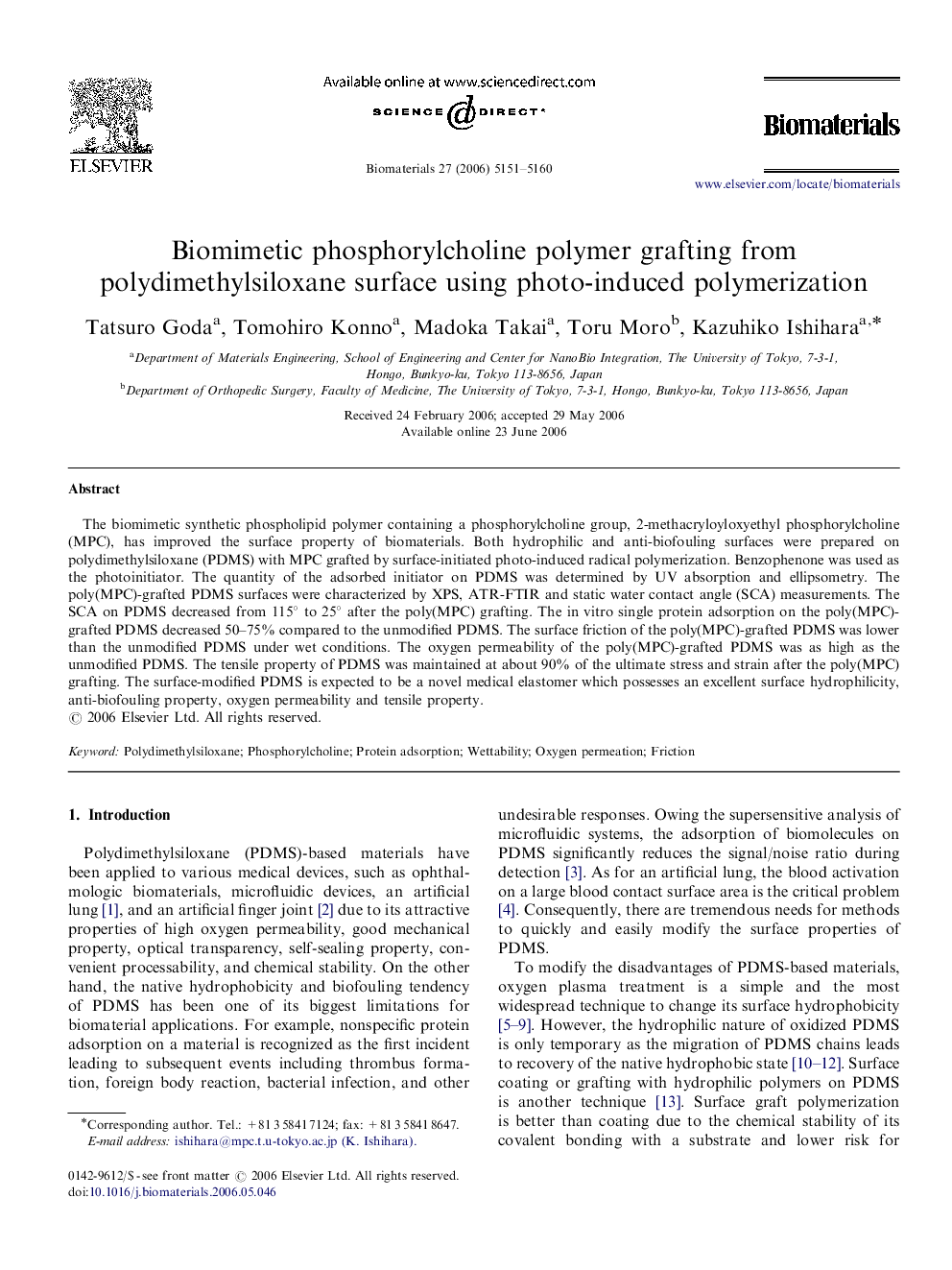Biomimetic phosphorylcholine polymer grafting from polydimethylsiloxane surface using photo-induced polymerization