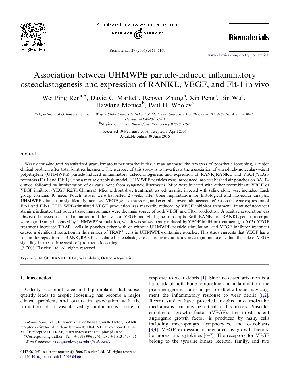 Association between UHMWPE particle-induced inflammatory osteoclastogenesis and expression of RANKL, VEGF, and Flt-1 in vivo