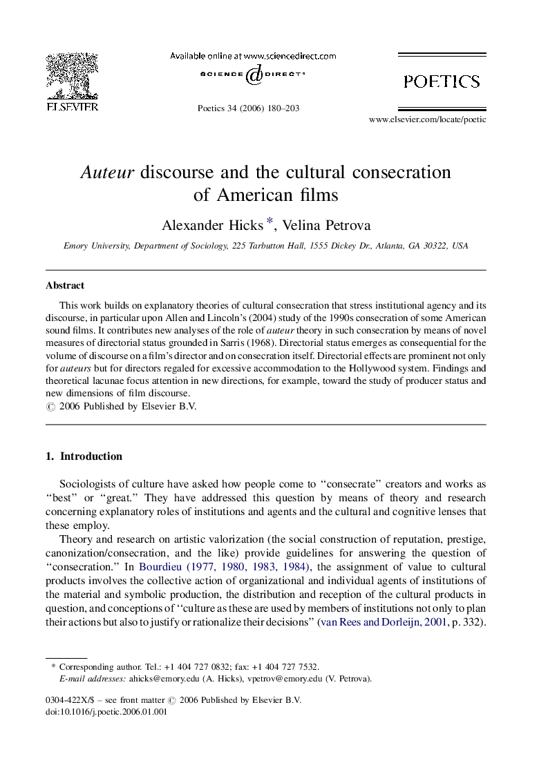 Auteur discourse and the cultural consecration of American films