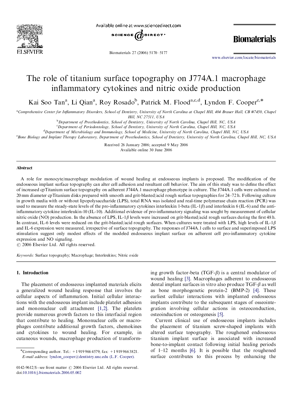 The role of titanium surface topography on J774A.1 macrophage inflammatory cytokines and nitric oxide production