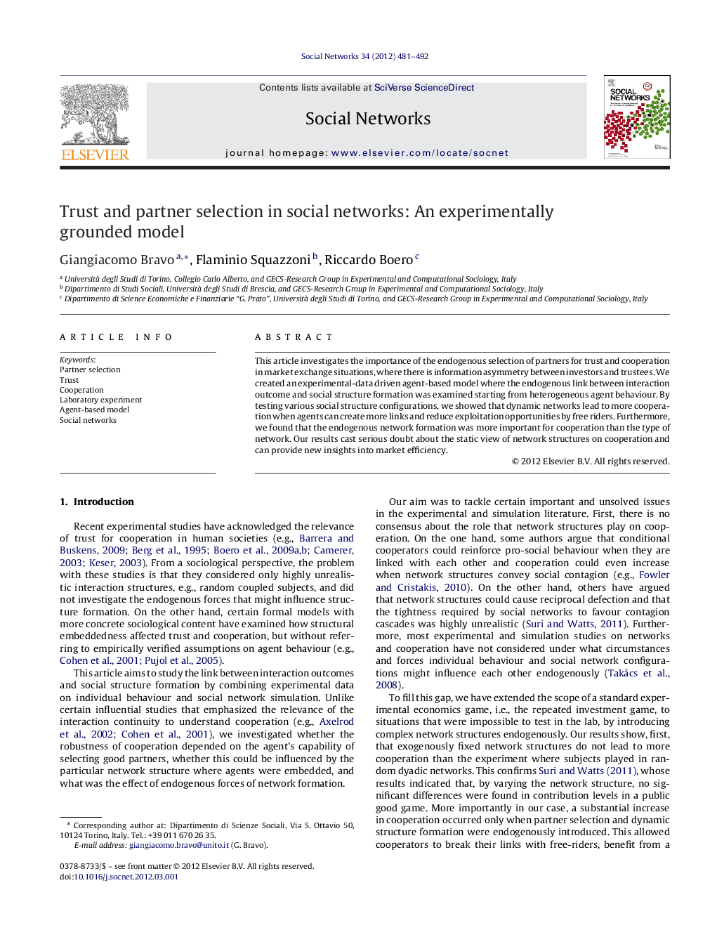 Trust and partner selection in social networks: An experimentally grounded model